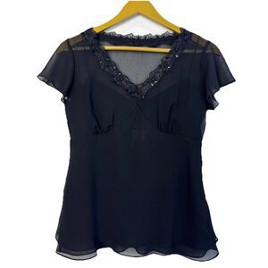 Vintage Sheer Lace Trim Babydoll Top 8P Black Empire Beads Sequin Whimsigoth Y2K
